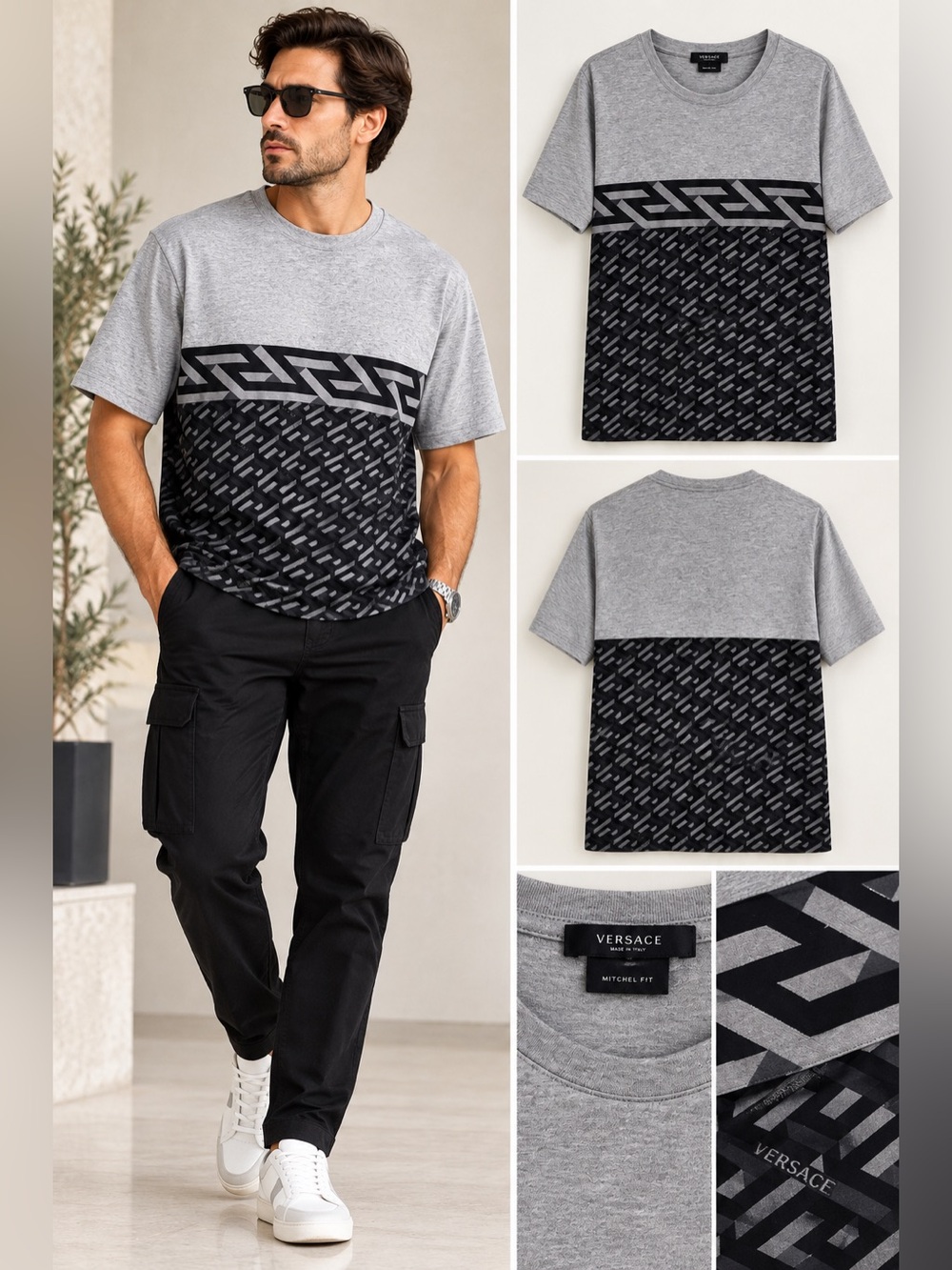VERSACE - Men’s Light Gray Crewneck T-Shirt with Greca Print